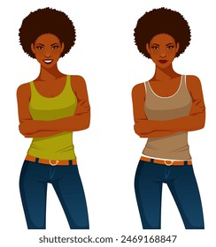 vector illustration of a young African American woman with short hair, standing with her arms crossed, wearing tank top and jeans.  Beautiful young black girl smiling. Isolated on white.