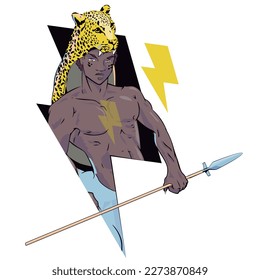 vector illustration of a young african man with a spear and the symbol of thunderbolt. 