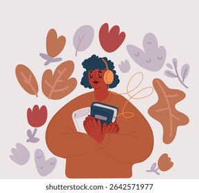 Vector illustration of Young Africans american girl teen student in headphones. Education in high school university college concept. Audiobooks