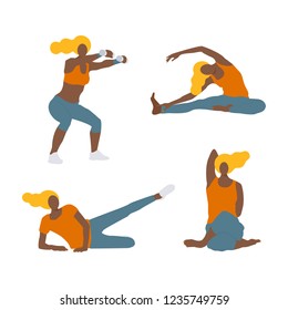Vector Illustration.Set of  Young afro american isolated sportwoman in sportwear. Modern flat style character doing exercises