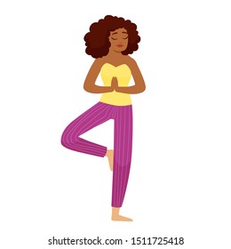 Vector  Illustration of  young afro american woman practicing yoga. Meditation