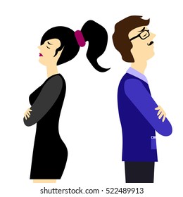 Vector illustration of young angry couple in love standing back to back on grey background. Flat style design. Offense