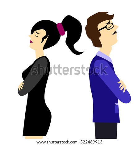 Vector illustration of young angry couple in love standing back to back on grey background. Flat style design. Offense