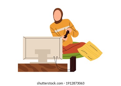 Vector Illustration of Young Arabian Hijab Girl Playing Video Game with Portable Joystick at Home. Female Muslim Gamers or Player in Front of Television Concept in Simple Flat Style.