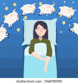 vector illustration of a young asian brunette woman falling asleep in her bed and counting sheep before going to bed