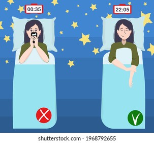 ilustración vectorial de una joven morena asiática durmiendo en su cama con su teléfono. El concepto de rutina adecuada y sueño saludable