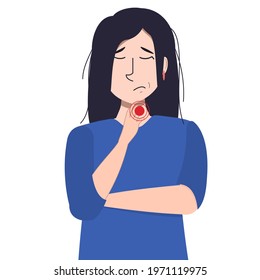vector illustration of a young Asian brunette woman holding her throat. Illustration on the topic of colds, ill health and illness