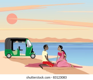 vector illustration of a young asian couple sitting by a lake with a green tuk-tuk in eps 10 format