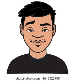 Vektorillustration-Illustration eines jungen Asiaten mit einem schwarzen Hemd und hohen Augenbrauen, der cool aussieht. Japan, Porzellan, Avatar, Kopf, Vektorillustration, einzeln, Cartoon.