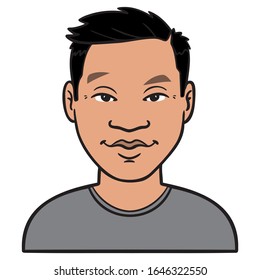 Vector illustration of a young Asian man with a broad face and a gray shirt with raised eyebrows that looks cool. korea, vietnam, japan, china, avatar, head, vector, isolated, cartoon.