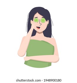 vector illustration of a young Asian woman with cucumber slices on her eyes.The concept of self-care and natural cosmetics