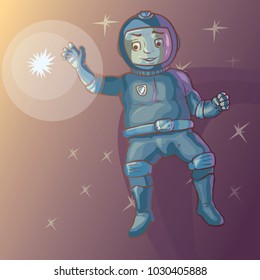 Vector illustration. A young astronaut catches a star. Cartoon character
