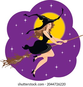 Vector illustration: young attractive witch wearing magic hat flying on broom in the night sky with round, yellow full moon and stars. Elements for halloween decor of card, poster, invitation.