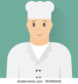 Vector illustration. Young bald chef in a chef's hat. Chef Icon.