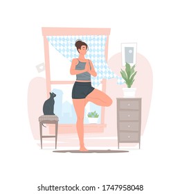 Vector illustration of young barefoot female standing in Tree pose against window while doing yoga in cozy room with cat in morning at home. Flat style cartoon character