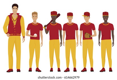Vector illustration of the young baseball players team with coach trainer wearing the uniform.