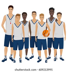 Vector illustration of the young basketball players team with coach trainer wearing the uniform.