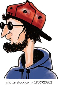 vector illustration of young bearded man in cap and round sunglasses 