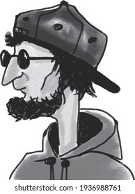 vector illustration of young bearded man in cap and round sunglasses 