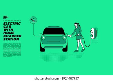 Vector Illustration Of Young Beautiful  Asian Woman Having Stop At Home Charging Station Standing Near Her Electric Car Or EV Car.