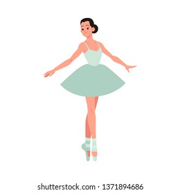 Vector illustration of young beautiful ballerina in tutu and pointe shoes standing on tiptoe and performing classical ballet dance in flat style isolated on white background.