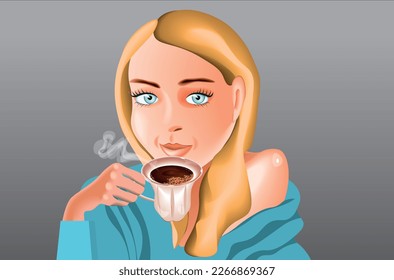 ilustración vectorial de la joven hermosa mujer rubia con una taza de café. 