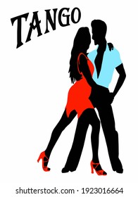 Ilustración vectorial del joven y hermoso tango de pareja bailando. Mujer con vestido rojo bailando tango argentino con hombre con camisa azul. Cartel de la escuela de baile, conciertos, festivales, carnavales, tarjetas.  