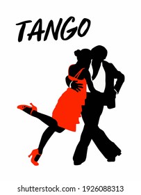 Ilustración vectorial del joven y hermoso tango de pareja bailando. Mujer vestida de rojo bailando tango argentino con un hombre vestido. Cartel de la escuela de baile, conciertos, festivales, carnavales, tarjetas.