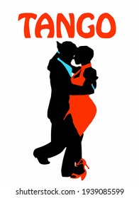 Vector illustration of young beautiful couple dancing tango. Woman in red dress dancing argentine tango with man in suit. Poster for dance school, concerts, festivals, carnivals, cards.