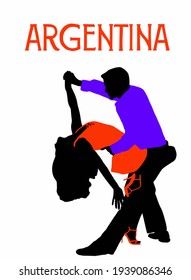Vector illustration of young beautiful couple dancing tango. Woman in red dress dancing argentine tango with man in suit. Poster for dance school, concerts, festivals, carnivals, cards.