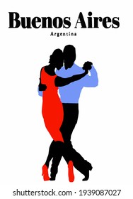 Ilustración vectorial del joven y hermoso tango de pareja bailando. Mujer vestida de rojo bailando tango argentino con un hombre vestido. Cartel de la escuela de baile, conciertos, festivales, carnavales, tarjetas.