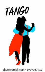 Vector illustration of young beautiful couple dancing tango. Woman in red dress dancing argentine tango with man in suit. Poster for dance school, concerts, festivals, carnivals, cards.