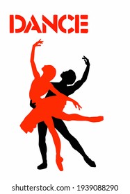 Vector illustration of young beautiful couple dancing. Woman in red dress dancing argentine tango with man in suit. Poster for dance school, concerts, festivals, carnivals, cards.