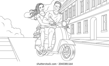 Vector illustration, a young beautiful couple in love ride a moped through the city streets, coloring book.