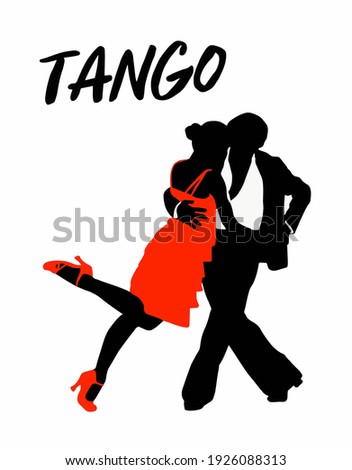 Vector illustration of young beautiful couple dancing tango. Woman in red dress dancing argentine tango with man in suit. Poster for dance school, concerts, festivals, carnivals, cards.