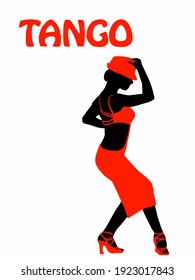 Vector illustration of young beautiful girl dancing tango. Woman in red dress with red hat dancing. Poster for dance school, concerts, festivals, carnivals, cards. Inscription of Tango