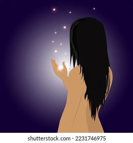 Vector illustration of a young beautiful girl with long black hair from the back without clothes holds a firefly and a lamp in her hand, emits light on a blue background
