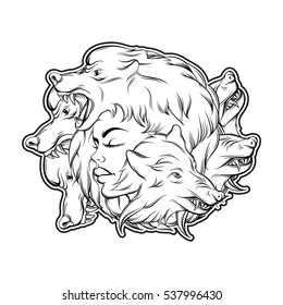 Vector illustration of young beautiful girl with angry wolf's muzzle. Mythological magic religion  motif, tattoo design element. Template for card poster banner print for t-shirt.