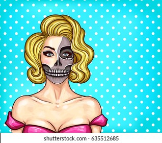 Vector illustration of a young beautiful girl with makeup in pop art style. Make-up imitating bare face skull, skeleton face, great for Halloween