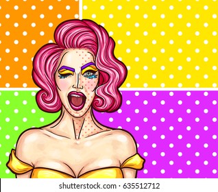 Vector illustration of a young beautiful girl with makeup in pop art style