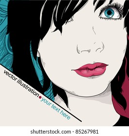 vector illustration of a young beautiful girl with bright lips and eyes on a colorful background