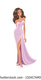 Vector Illustration of a Young Beautiful Lady Wearing a Long Pink Evening Dress.