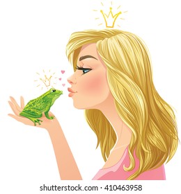 Vector illustration. Young beautiful lady kisses a green frog. Isolated on white background