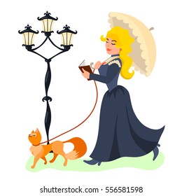 Vector illustration of a young beautiful lady walking with her cat and reading book.