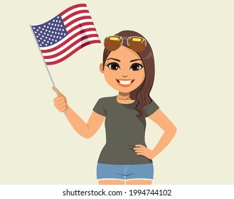 Vector illustration of a young beautiful latina woman smiling waving USA flag