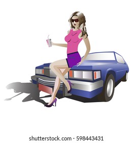 Vector illustration of a young beautiful long haired girl with drink in her hand rely to the blue car isolated on white background