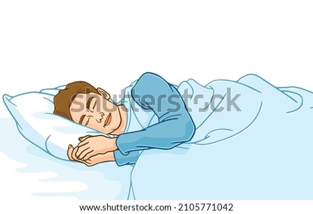 Vector illustration of young beautiful man sleeping happily on pillow in bed at home,bedtime,good dreams,handsome,good looking,bright and strong,isolated on whtie background,Human rest concept.