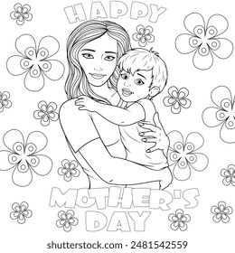 Vector illustration, young beautiful Mom hugging her child, Mother's day card, coloring book