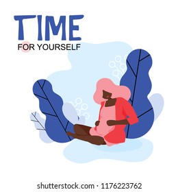 Vector Illustration. Young beautiful pregnancy woman character sitting position in modern flat style. Fitness healthy lifestyle. Time for yourself