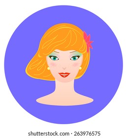 Vector illustration of a young beautiful red-haired woman with freckles and hair flying in the wind. Smiling redhead girl portrait. 